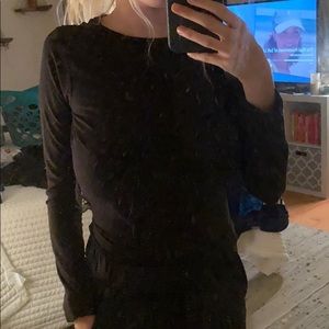 black open back body suit with lace trim